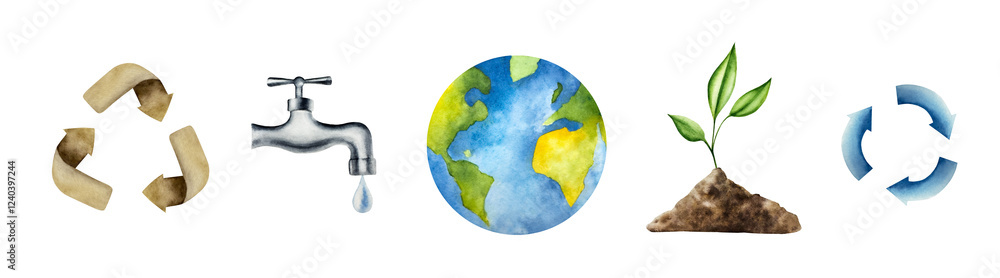 Arrow symbol set. A drop of pure water dripping from the tap. Watercolor hand drawn Planet earth, brown recycling sign illustration isolated on background. Agriculture, organic gardening, planting or Arrow symbol set. A drop of pure water dripping from the tap. Watercolor hand drawn Planet earth, brown recycling sign illustration isolated on background. Agriculture, organic gardening, planting or