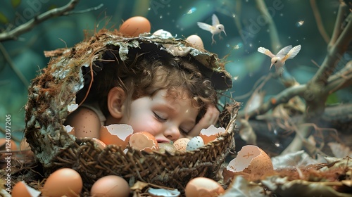 A child discovering a hidden fairyland in a basket with cracked eggshells photo