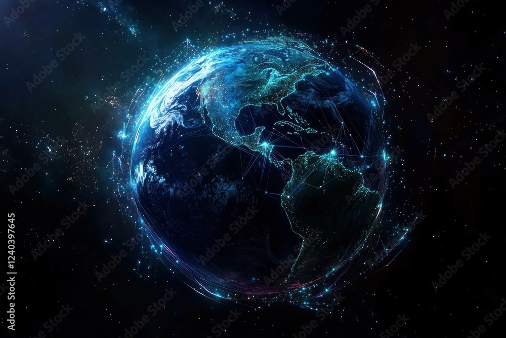 Obraz premium An abstract representation of global interconnectedness, with glowing digital threads linking continents over a realistic, high-resolution view of Earth from space.