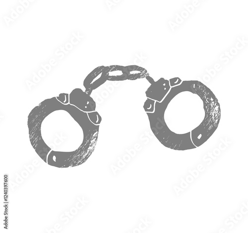 Closed jail cuffs. Textured handcuffs. Vector handcuff, manacles or shackles arrest. Police equipment. Chained, handcuffed hands, for thief, prison, detention. Crime symbol. Police hand cuffs. SM idea