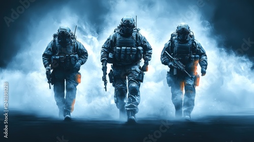 Three Soldiers Advancing Through Smoke, Military Operation, Combat, Special Forces photo