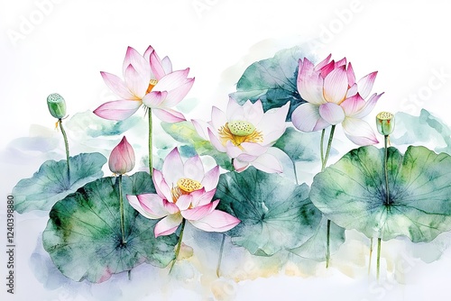 Elegant Watercolor Lotus Flower: A Serene White Bloom Isolated on a Pure White Background, Perfect for Invitations, Branding, Yoga, Spa, Wellness, Meditation, Spiritual Designs, Asian Art, Botanical  