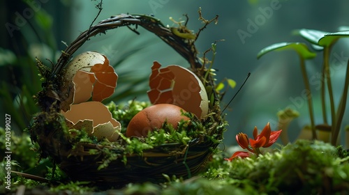 Cracked eggshells in a basket revealing a tiny fairyland photo