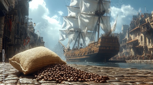 Majestic wooden sailing ship dominates medieval harbor with coffee cargo spilling