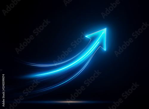 Glowing blue arrow ascends on a dark background, suggesting growth, progress, and upward trajectory.  A light trail indicates speed and momentum.