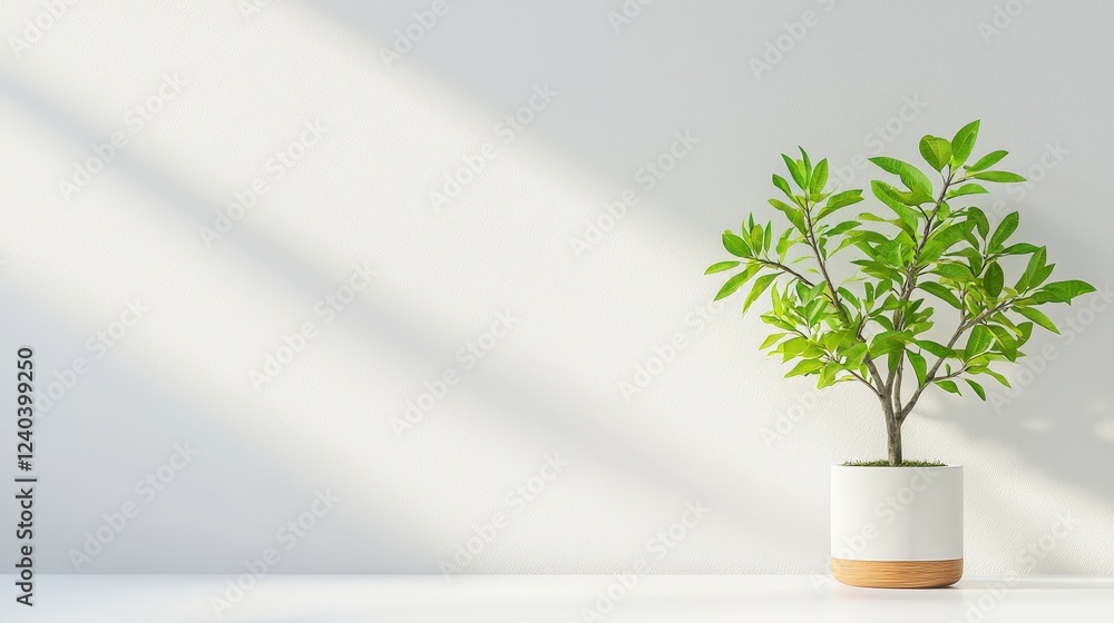 Green Plant in Modern Pot on Minimalist Table Green Plant in Modern Pot on Minimalist Table