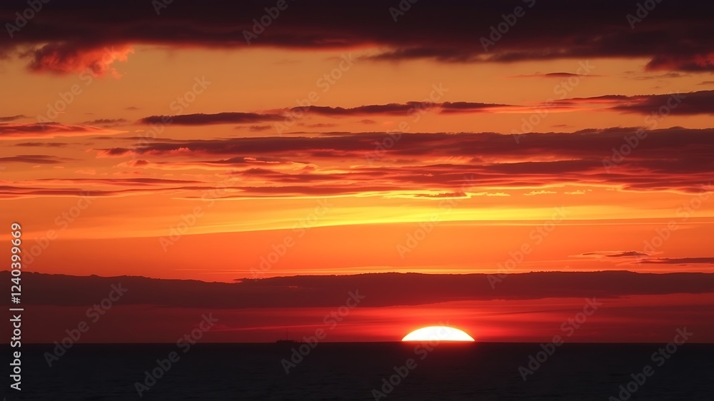 Fiery sunset over the ocean with a lone ship on the horizon, showcasing vibrant orange and red hues in the sky. Fiery sunset over the ocean with a lone ship on the horizon, showcasing vibrant orange and red hues in the sky.