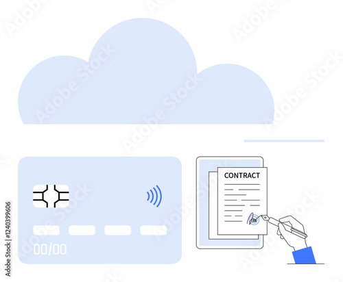 Cloud backdrop, payment card, hand signing a contract. Ideal for digital payments, e-signatures, data storage, cloud solutions, fintech e-commerce secure services. Abstract line flat metaphor