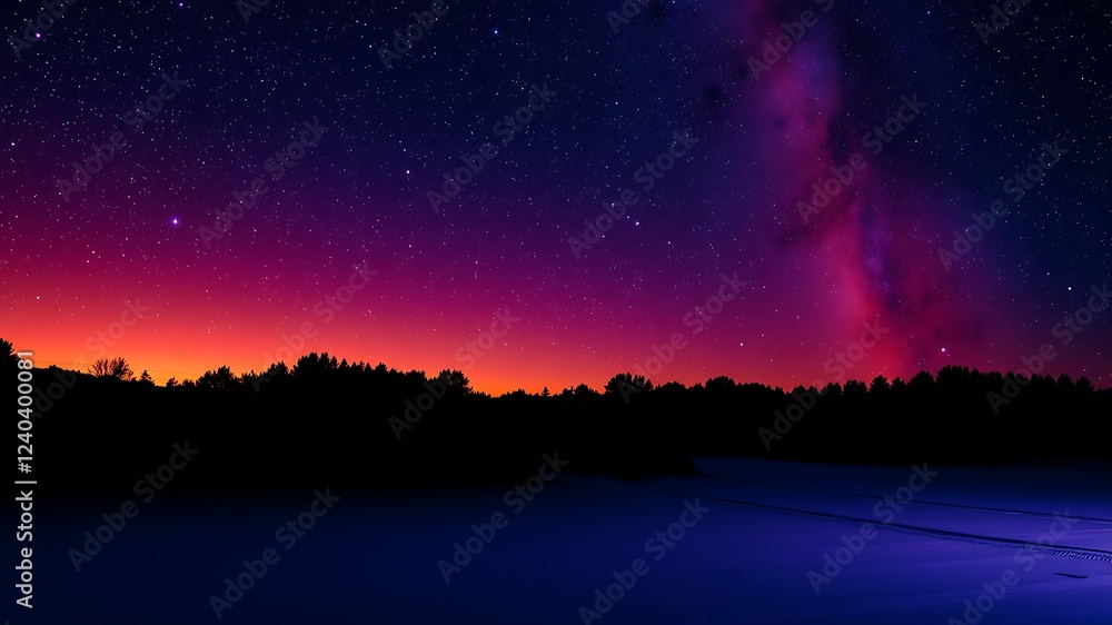 Fototapeta premium Majestic night sky over silhouetted winter forest with vibrant pink and orange hues and the milky way galaxy visible.