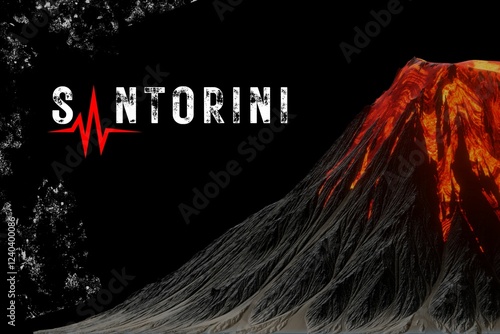 Illustration of earthquakes and volcano seismic activities and danger in Santorini Island, Greece with black and red theme danger warning of disaster