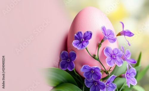 Easter themed pink easter egg and violet flowers painted background with negative space on left side of frame for advertisement easter background background celebration easter design holiday photo