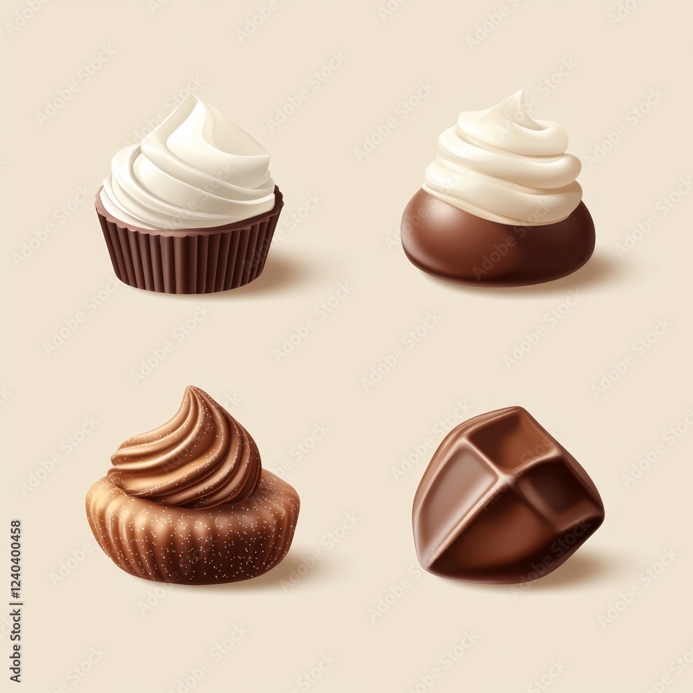 Delicious Chocolate and Cream Treats on Light Neutral Background Delicious Chocolate and Cream Treats on Light Neutral Background