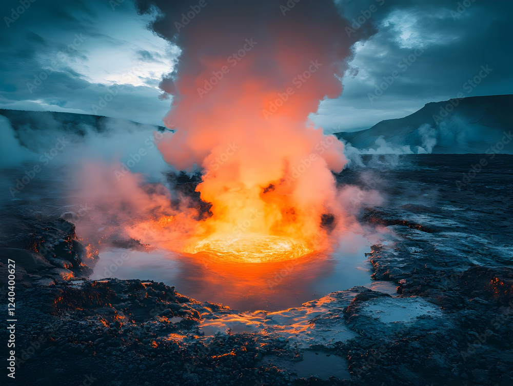 Fototapeta premium Volcanic eruption, fiery lava pool, Iceland landscape, dramatic sky, travel photography