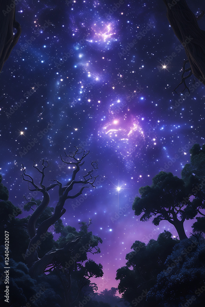 a vibrant constellation sprawled across the starry night sky above a lush, dense forest, created by generative ai a vibrant constellation sprawled across the starry night sky above a lush, dense forest, created by generative ai