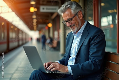 Mature businessman with gray hair and beard wearing navy suit typing on laptop sitting on wooden bench at modern train station platform during bright daytime for travel business work concept