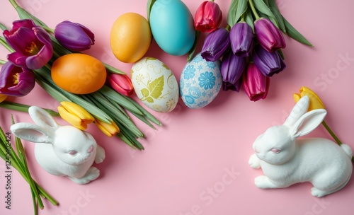 Easter festivity arrangements top view photo of colorful eggs fresh tulips easter bunnies on light pink background with promo space easter background background celebration easter design holiday photo