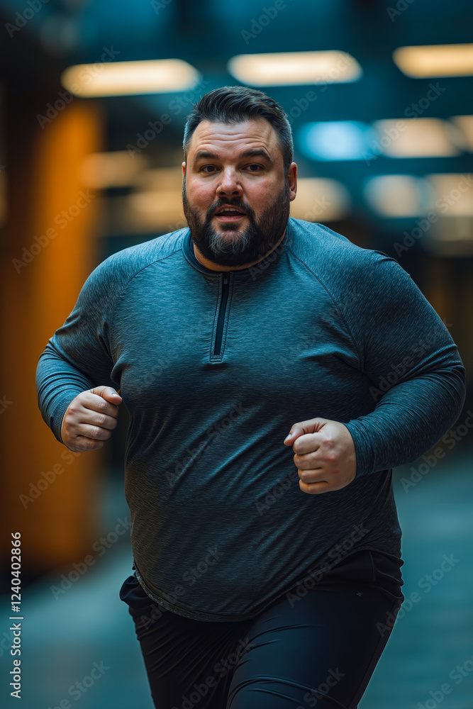 Fototapeta premium A man in a gray shirt and black pants running in a gym