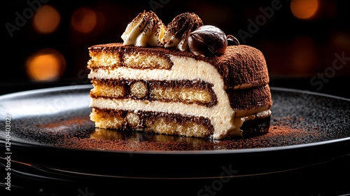 Layered Tiramisu Cake Slice on Dark Plate photo