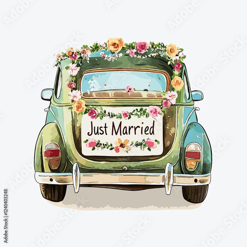 Vintage Just Married car illustration. Watercolor hand painted wedding auto decorated with floral garlands Wedding concept illustration. Romatic design isolated on white