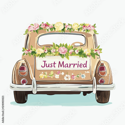 Vintage Just Married car illustration. Watercolor hand painted wedding auto decorated with floral garlands Wedding concept illustration. Romatic design isolated on white