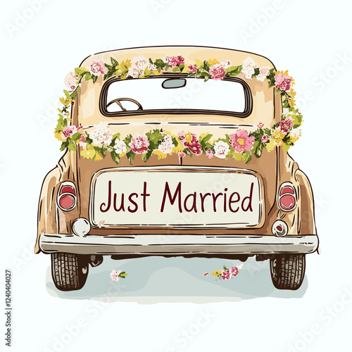 Vintage Just Married car illustration. Watercolor hand painted wedding auto decorated with floral garlands Wedding concept illustration. Romatic design isolated on white