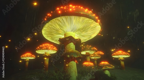 Glowing Luminous Mushrooms Fantasy Forest Night Rain photo