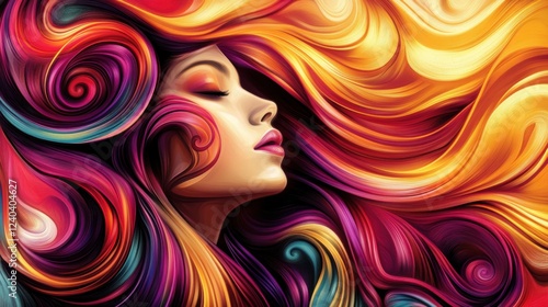 Vibrant Abstract Portrait: A Woman's Face Adorned with Swirling, Multicolored Hair