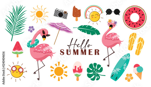 Hello summer elements icon clipart set. Summer tropical element with colorful clip art like flamingo, sun, floaters, umbrella sign and symbol collection vector illustration. 
