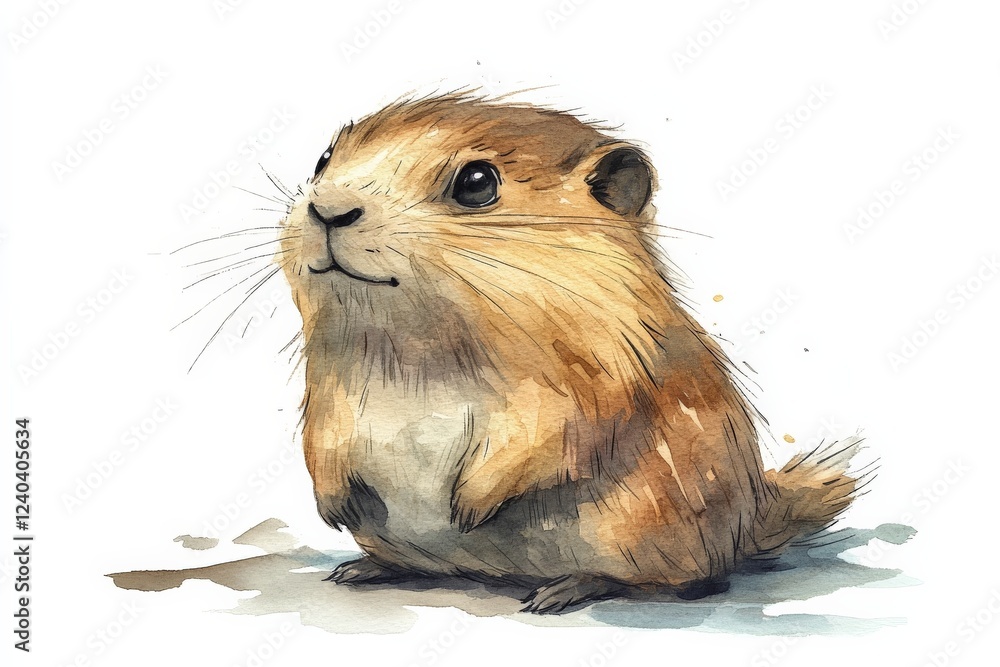 Fototapeta premium Cute small animal with expressive eyes stands upright on a light background in a whimsical illustration style