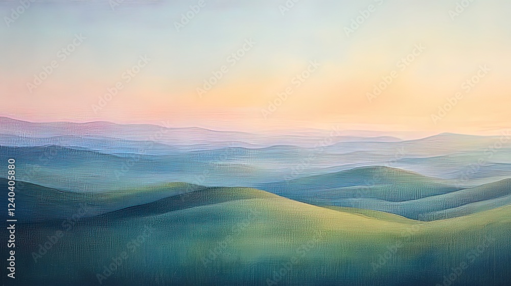 A serene oil-painted landscape of rolling hills and a glowing pastel sky A serene oil-painted landscape of rolling hills and a glowing pastel sky
