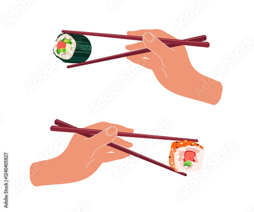 Two hand holding sushi roll with chopsticks. Vector illustration

