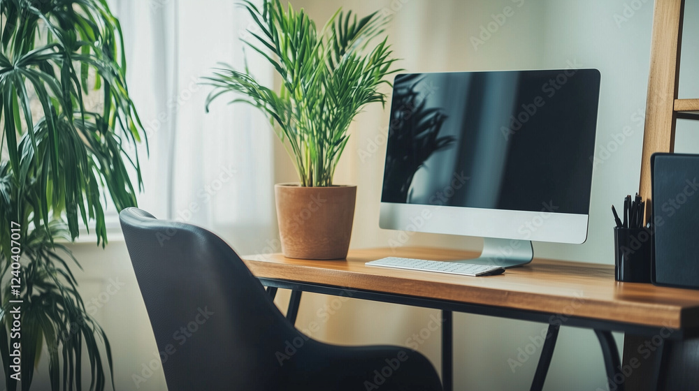 Fototapeta premium Modern home office with desktop computer and green plants