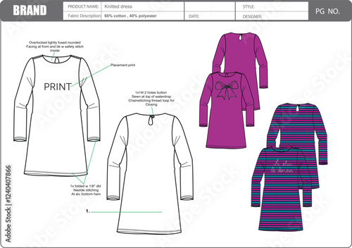 Tech Pack of Ladies Knitted dress in puple and yarn dyed strip