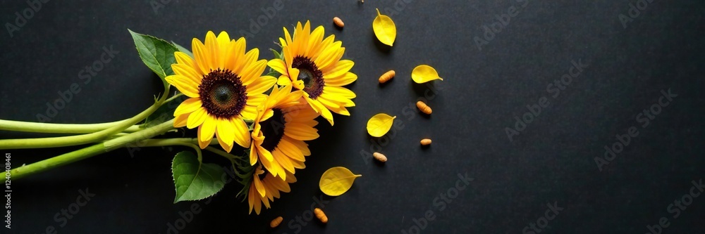 Fototapeta premium Heart-shaped bouquet of long-stemmed yellow sunflowers on a dark tablecloth, heart-shaped sunflowers, yellow sunflower, dark background