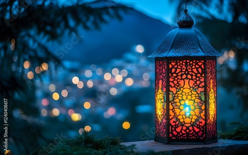 Scenic Night View with Illuminated Moroccan Lantern photo