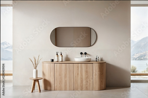 Beige bathroom interior with tub photo