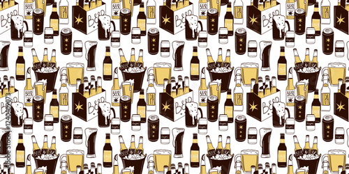 Beer seamless pattern. Bottle, glass and can. Alcohol beverages, ale, lager and ipa, craft brewery. Oktoberfest pub drinks. Decor textile, wrapping, wallpaper. Print for fabric. Vector background