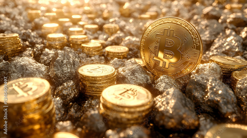Bitcoin mining, digital gold rush, rocky terrain, sunset Bitcoin mining, digital gold rush, rocky terrain, sunset