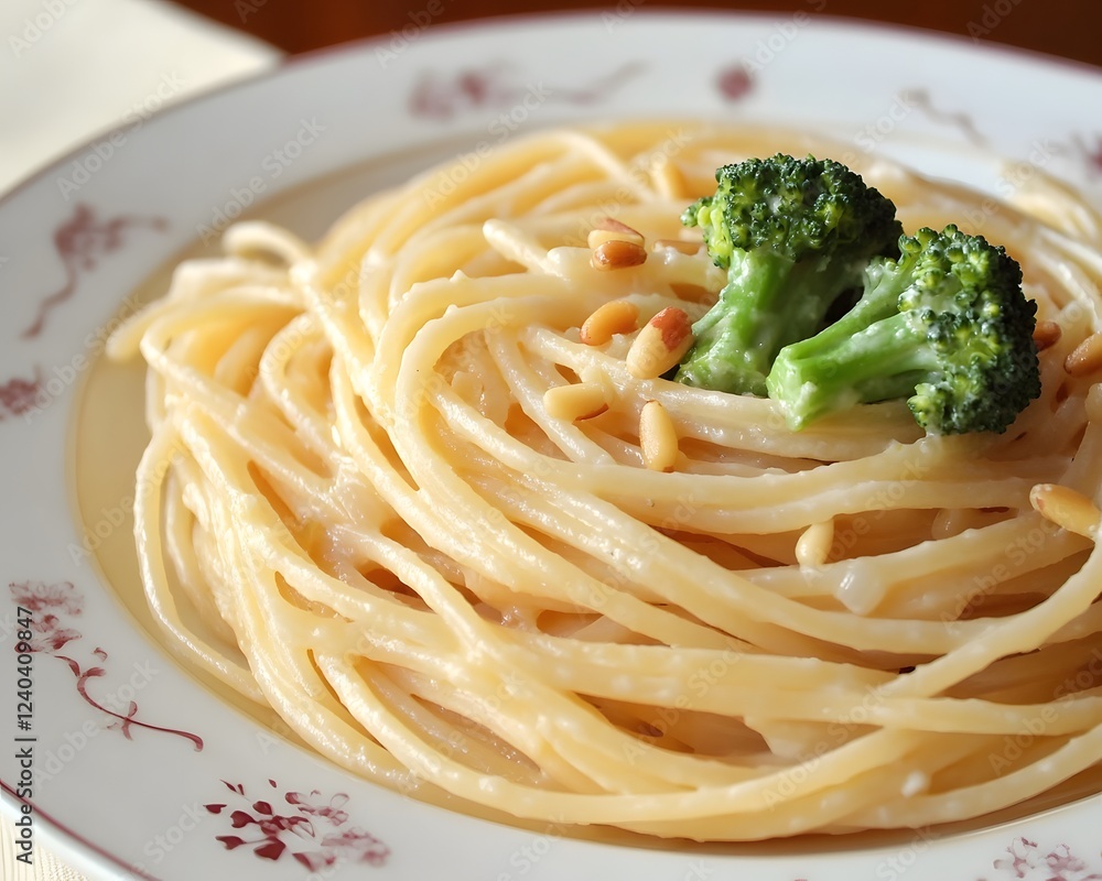 Creamy Spaghetti with Broccoli and Pine Nuts AI Generated Food Image Creamy Spaghetti with Broccoli and Pine Nuts AI Generated Food Image