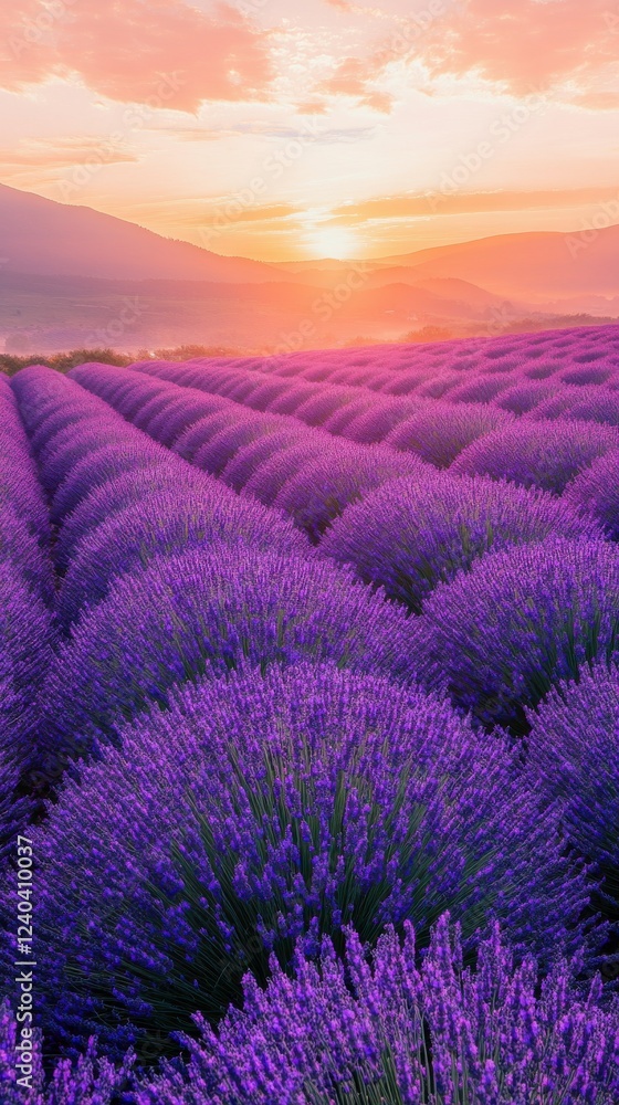 Fototapeta premium A breathtaking lavender field stretches towards the horizon, bathed in warm sunset hues, creating a serene and picturesque landscape.
