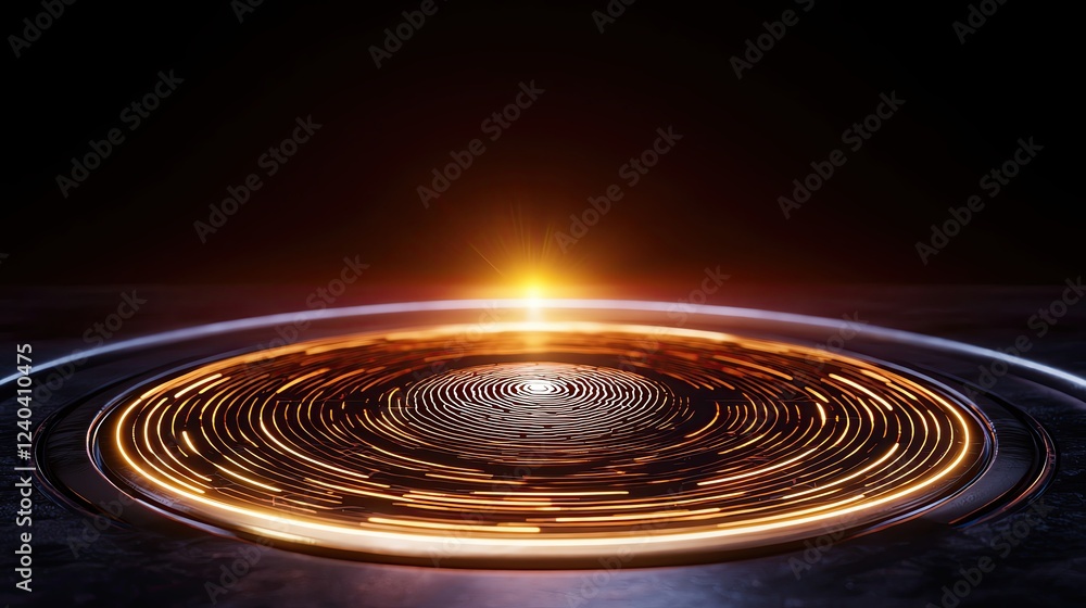 Fototapeta premium Cybersecurity Concepts in Banking, Biometric Security and Identity Verification, Futuristic abstract landscape with swirling patterns and glowing sunset effect.