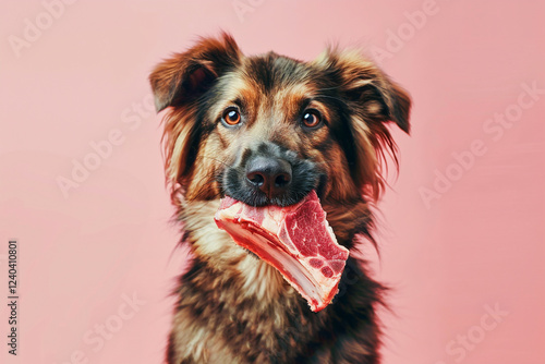 A dog holds a fresh steak in its mouth, standing against a pink background, looking curious.