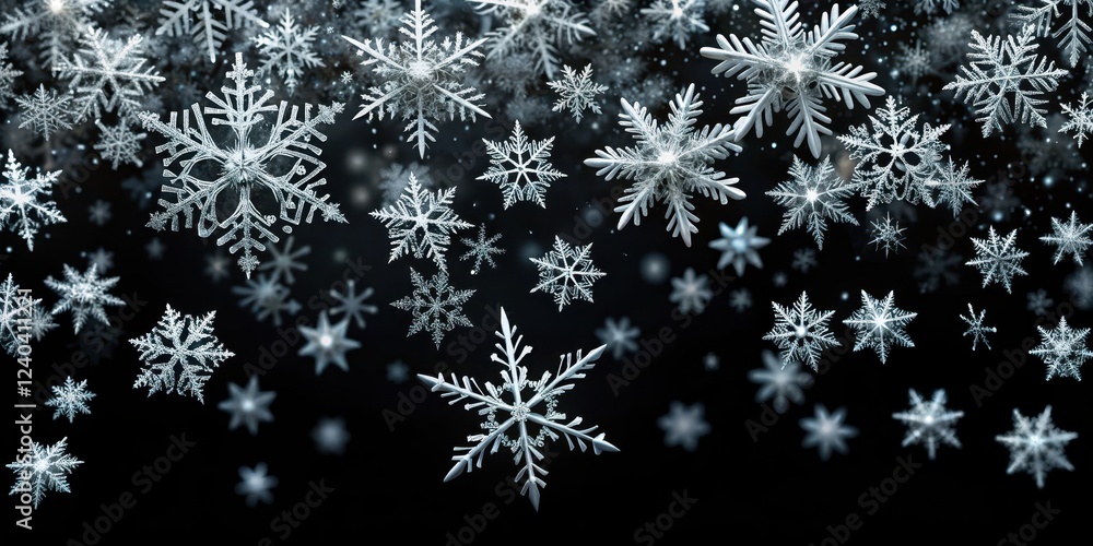 Delicate snowflakes gently fall on a black background, creating a serene and peaceful atmosphere , frosty, backdrop, frosty, backdrop Delicate snowflakes gently fall on a black background, creating a serene and peaceful atmosphere , frosty, backdrop, frosty, backdrop