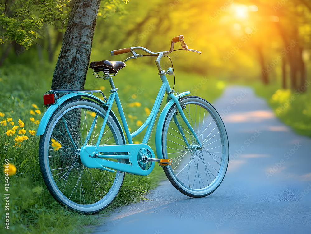 Bicycle Resting Against a Tree on a Sunny Path Surrounded by Greenery Bicycle Resting Against a Tree on a Sunny Path Surrounded by Greenery