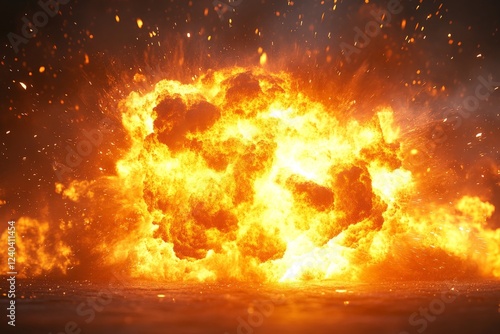 Explosion occurs in a fiery burst during a military exercise at a training facility on a sunny day photo