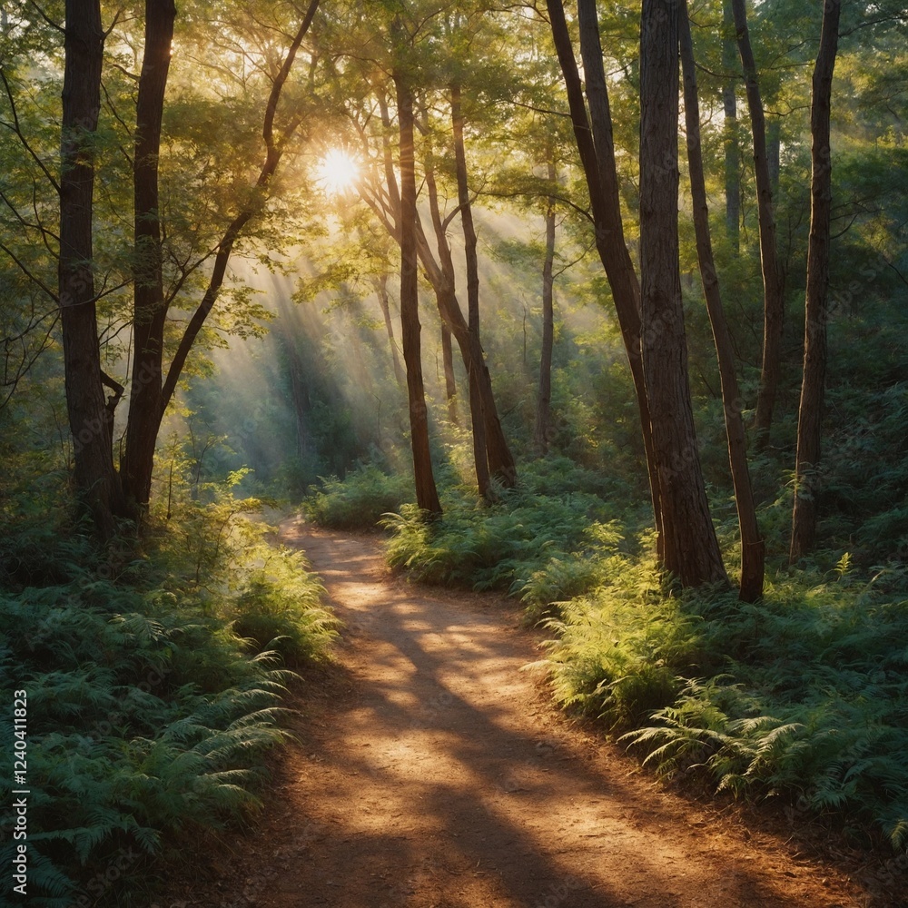 Fototapeta premium A delicate watercolor of a winding forest path, dappled with golden sunlight.