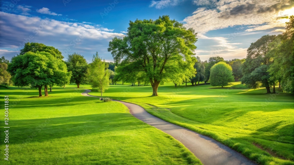 Fototapeta premium lush green grass field in a public park with a few trees and a winding path, countryside, outdoor, countryside, outdoor