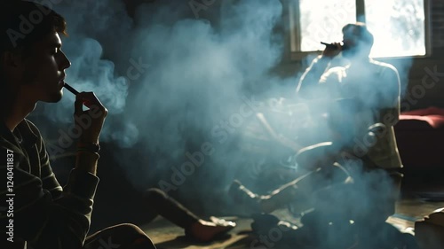 Teenagers gathered in a dimly lit room, sharing drugs and smoking, captured in a raw, handheld medium shot.