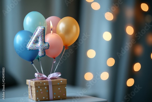 Colorful balloons and a gift box celebrate a child's fourth birthday in a cozy indoor setting with soft lighting photo