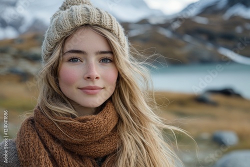 Young woman enjoying a serene moment by the lake in a mountainous landscape during autumn afternoon photo